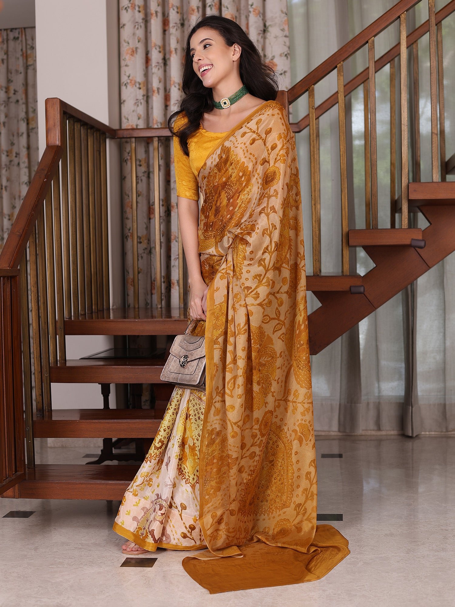 Meher Yellow and white Ajrakh Floral Chinon Saree