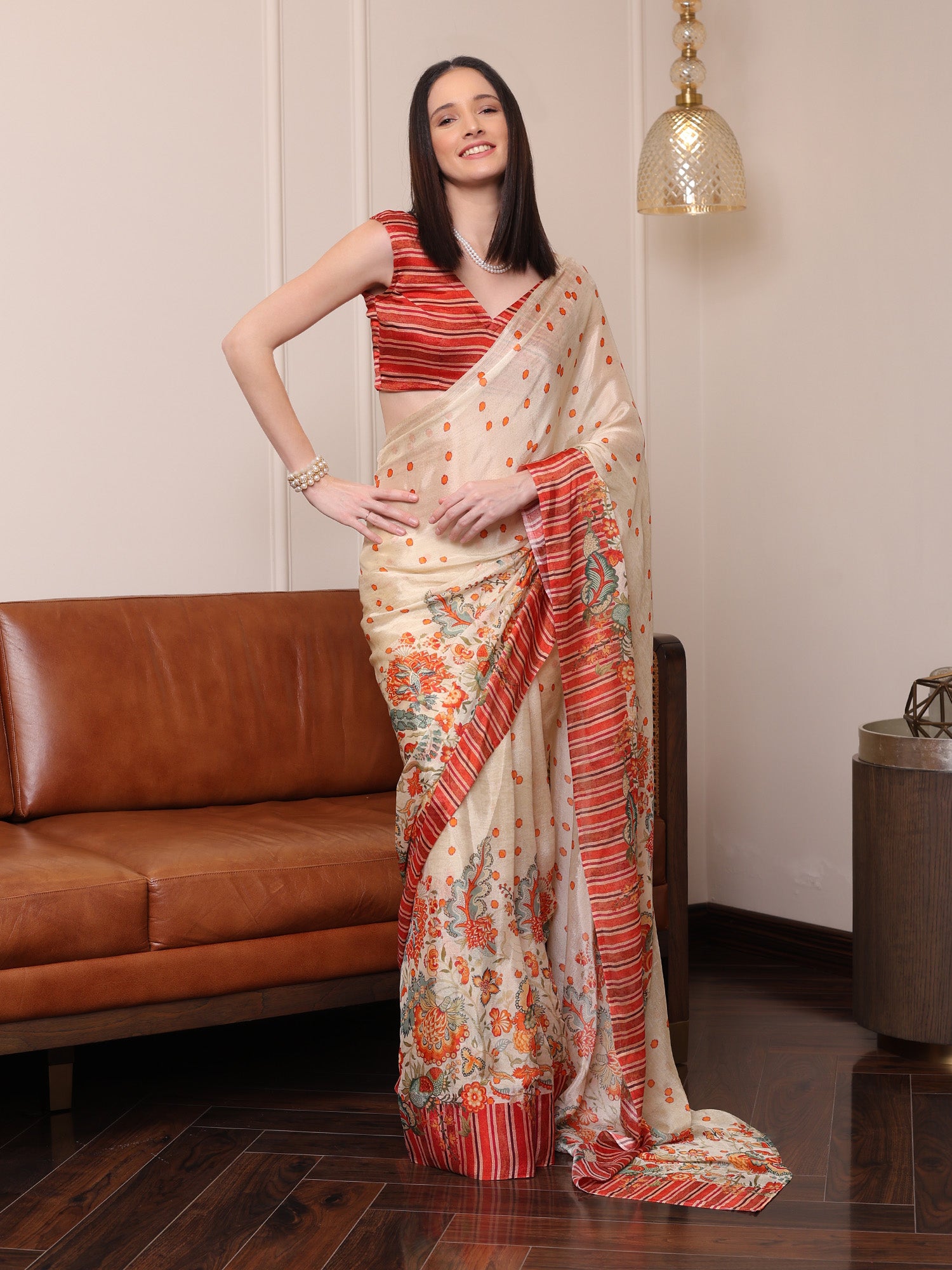 Aurelia Ivory and Rust Floral Buti Chinon Saree