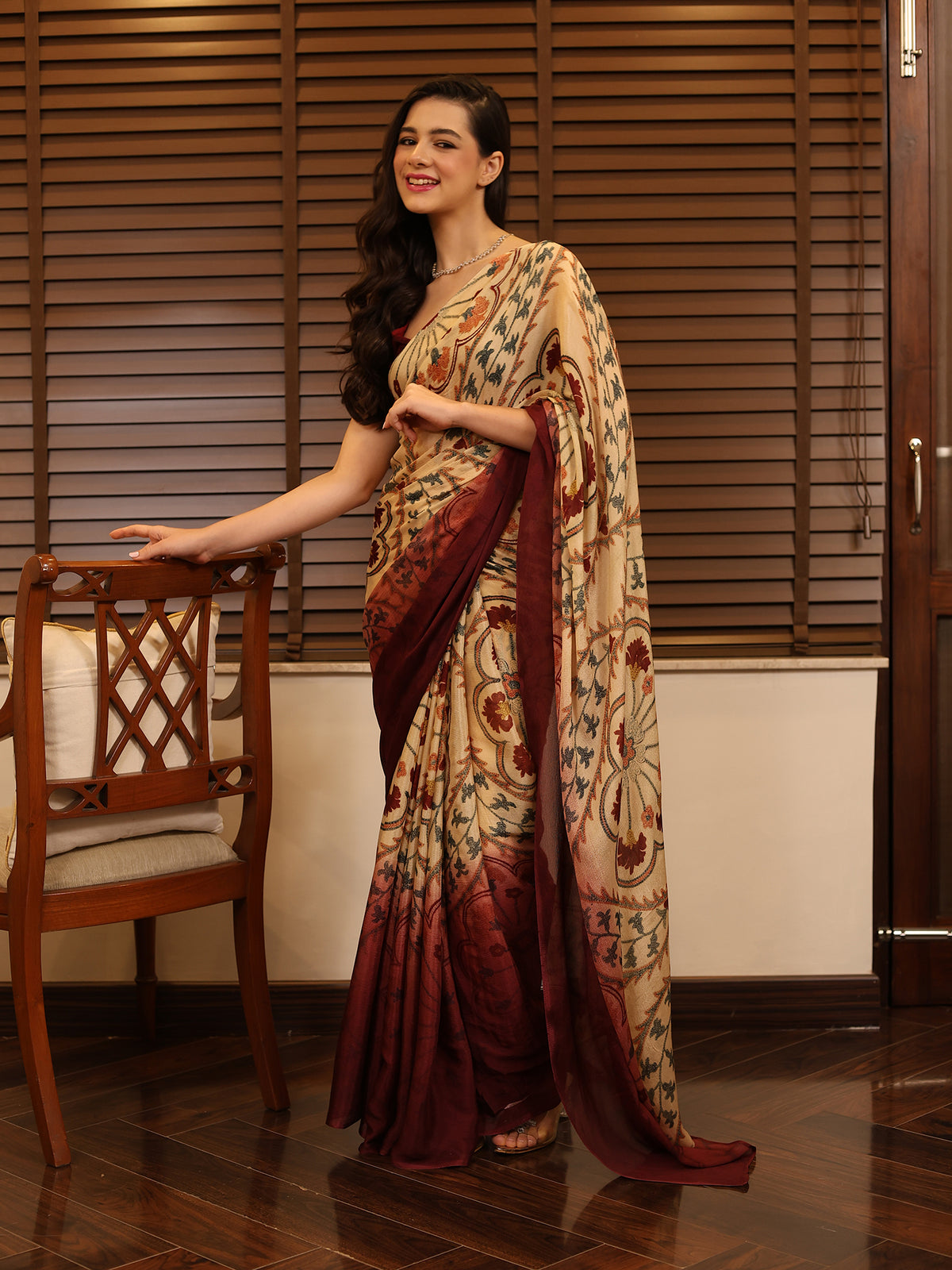 Suhani Beige Maroon Ornamental Paisley Chinon Saree