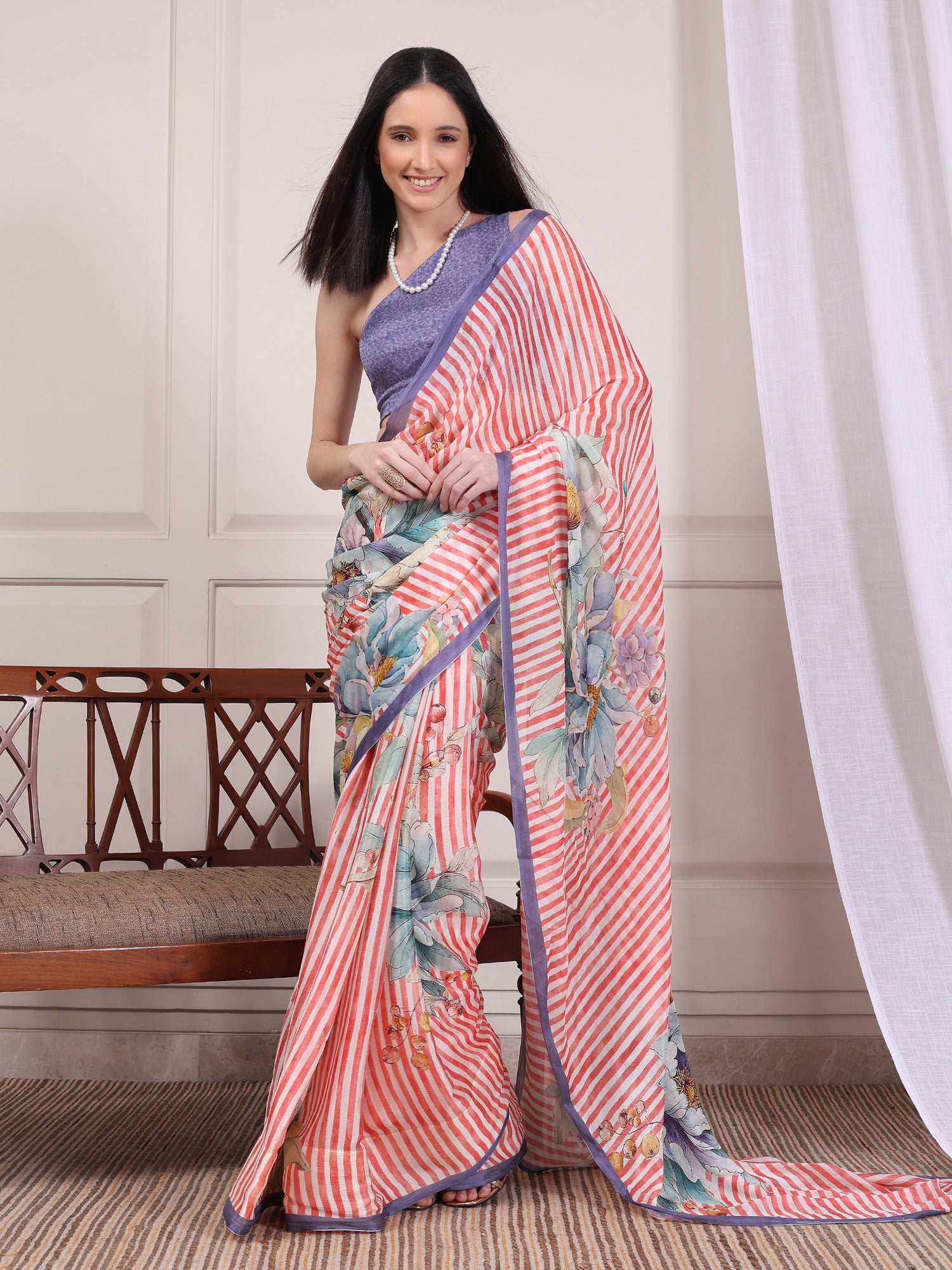Elara Coral and White Striped Floral Chinon Saree