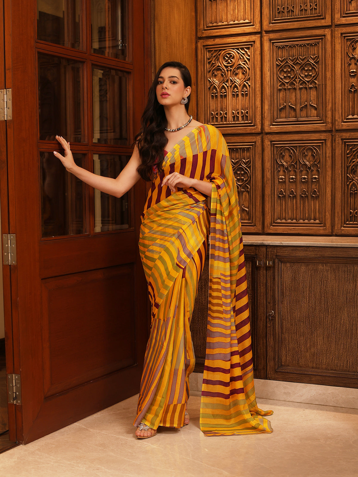 Tarangini Mustard Yellow Plum Diagonal Stripe Chinon Saree