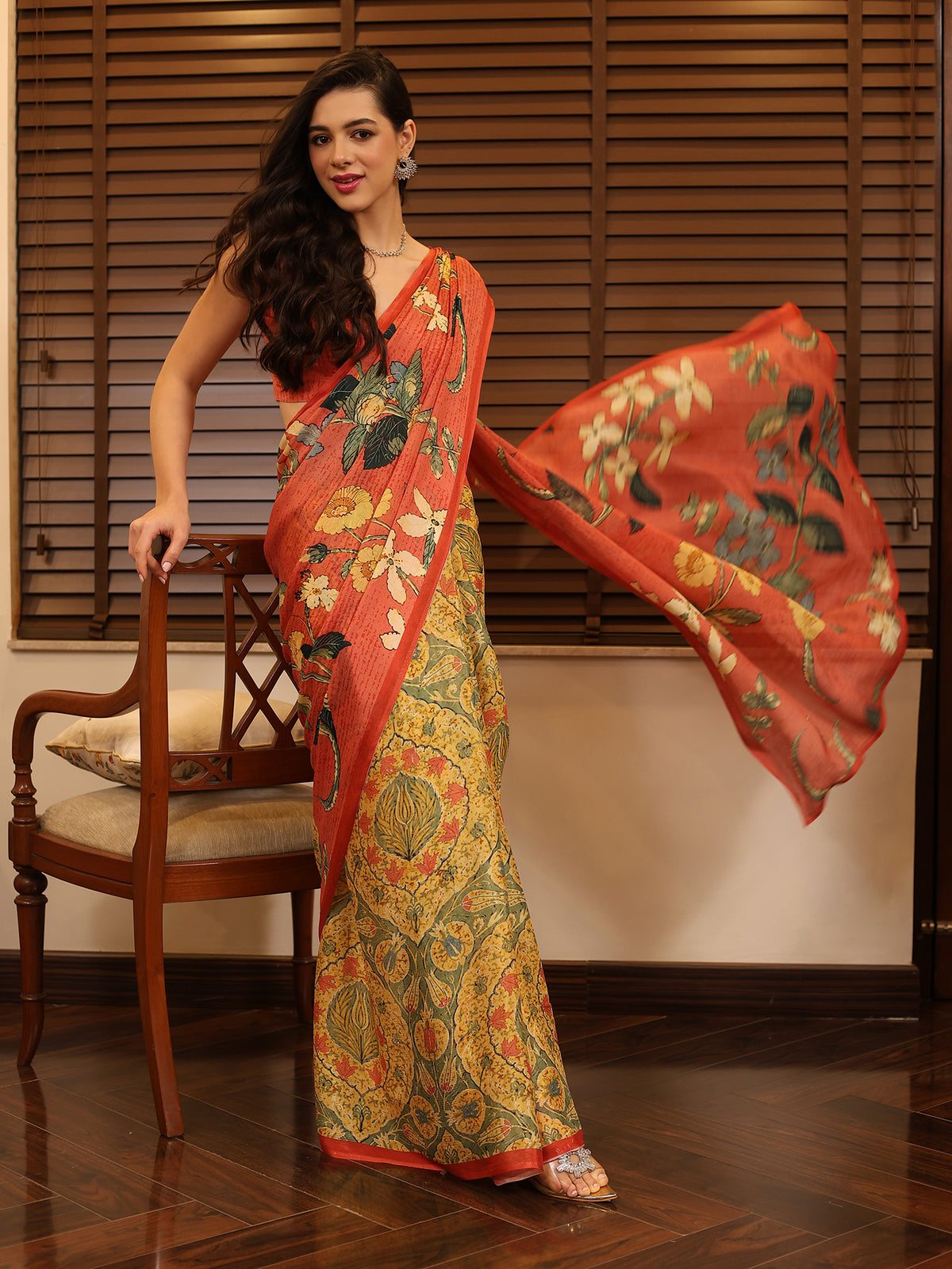 Gulbano Coral Orange Teal Botanical Floral Chinon Saree