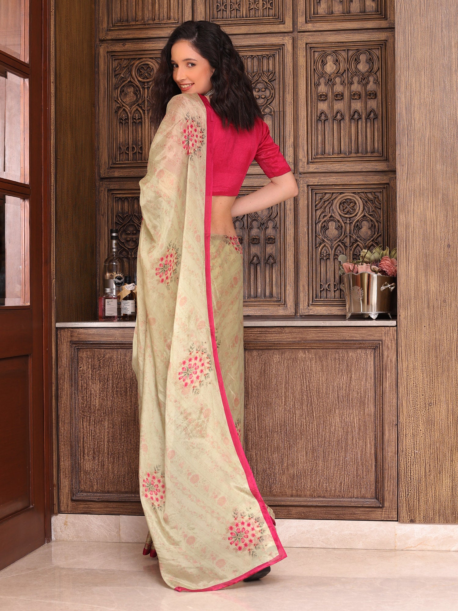 Evara Mint Green and Pink Floral Buti Chinon Saree