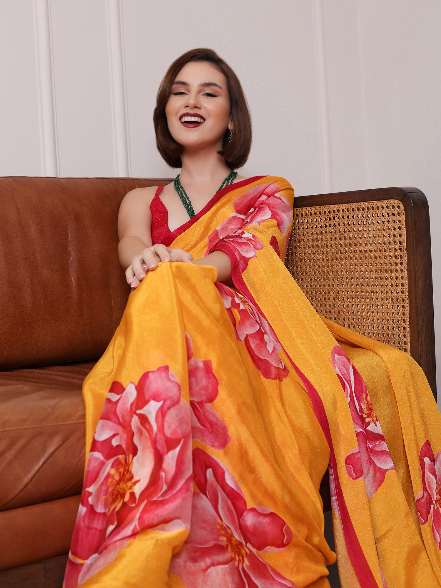 Zareen Yellow and Fuschial Floral Chinon Saree