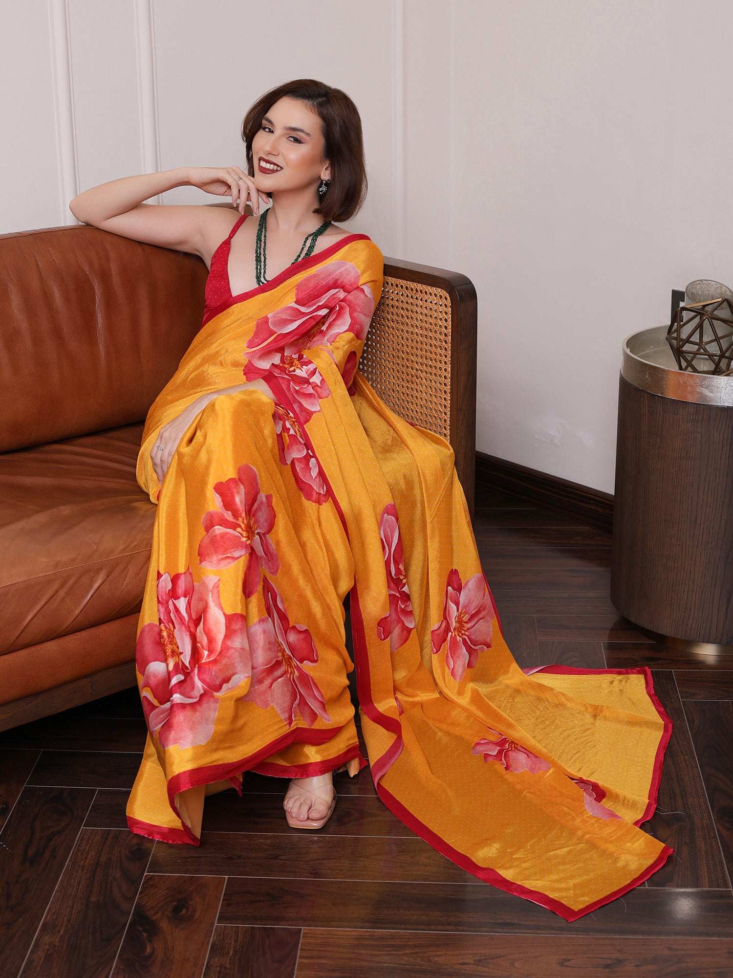 Zareen Yellow and Fuschial Floral Chinon Saree