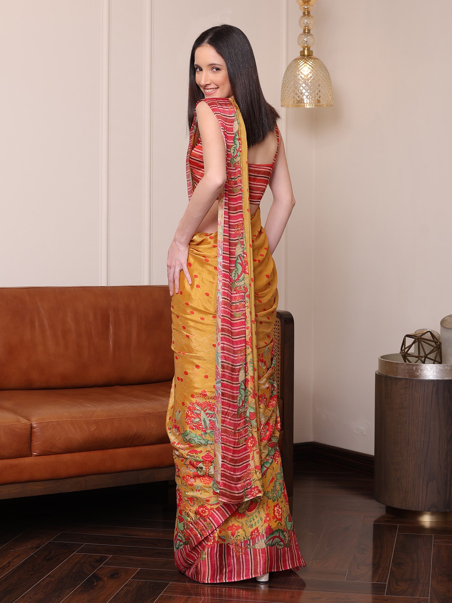 Aurelia Mustard Floral Buti Chinon Saree