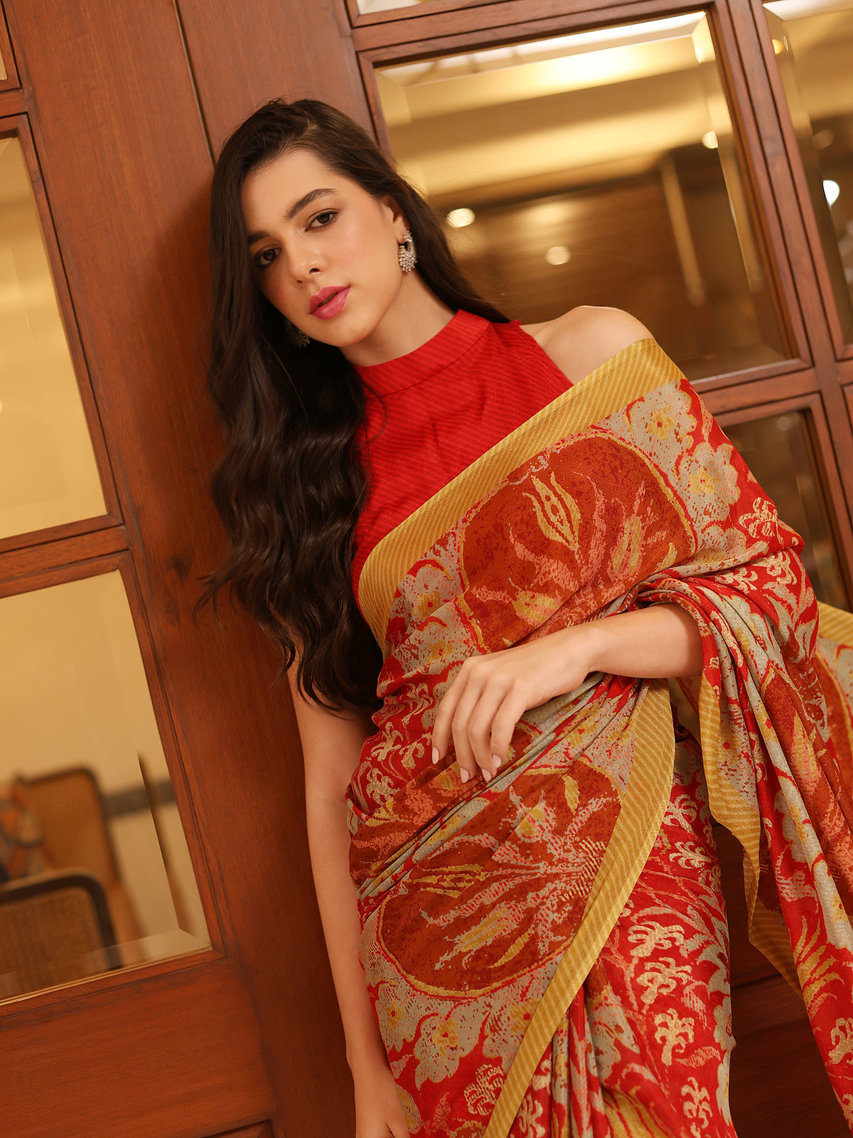 Mahek Crimson Red Gold Botanical Floral Chinon Saree