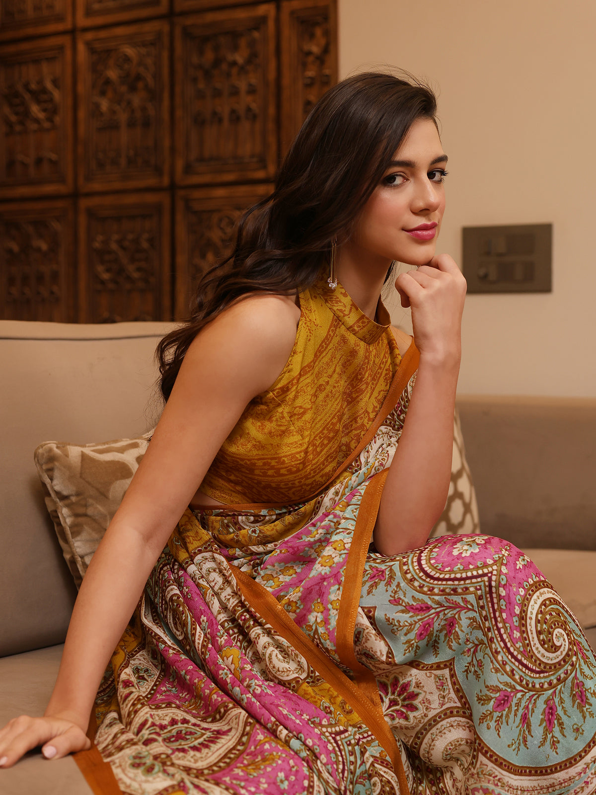 Aafreen Mustard Yellow Pink Ornamental Paisley Chinon Saree