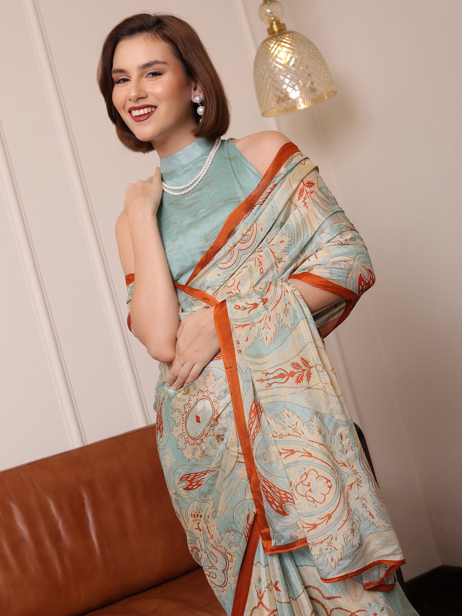 Zehra Powder blue and beige Floral Paisley Chinon Saree