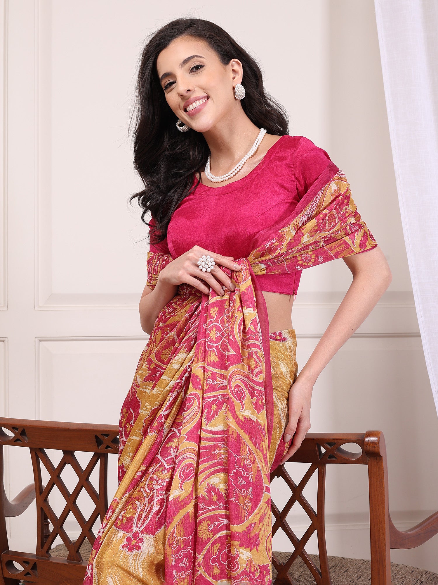 Zehra Rani Pink and yellow Floral Paisley Chinon Saree