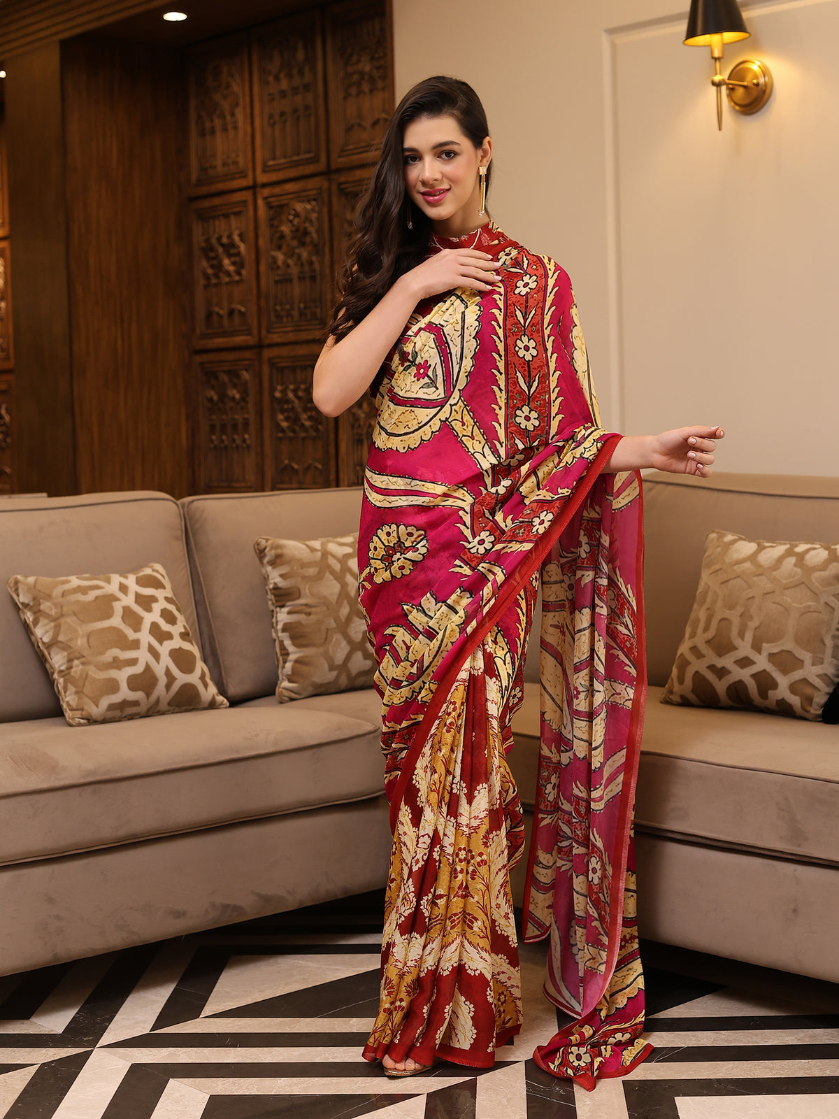 Ruhani Ruby Red Mustard Ornamental Paisley Chinon Saree
