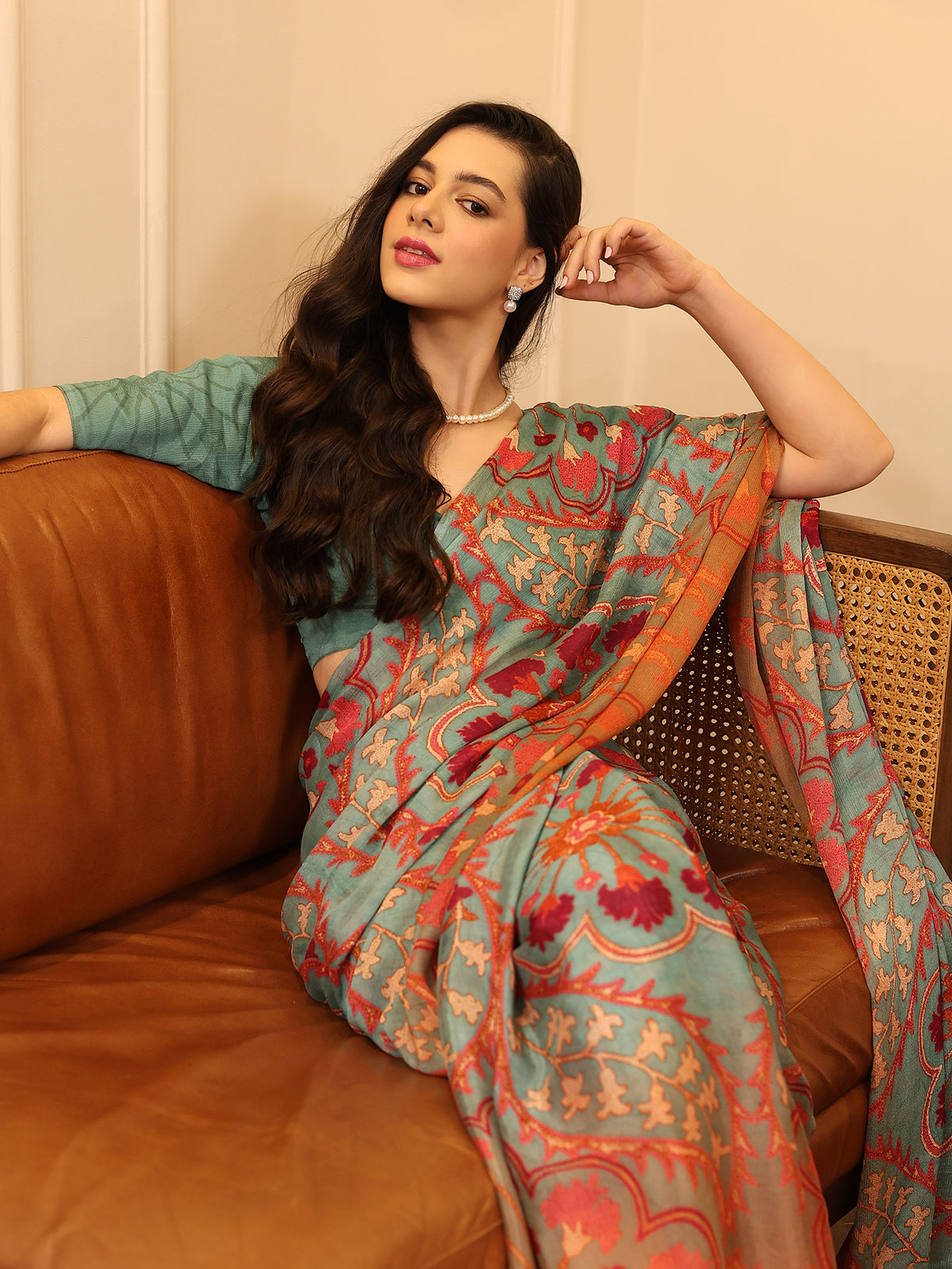 Suhani Sage Green Coral Botanical Floral Chinon Saree
