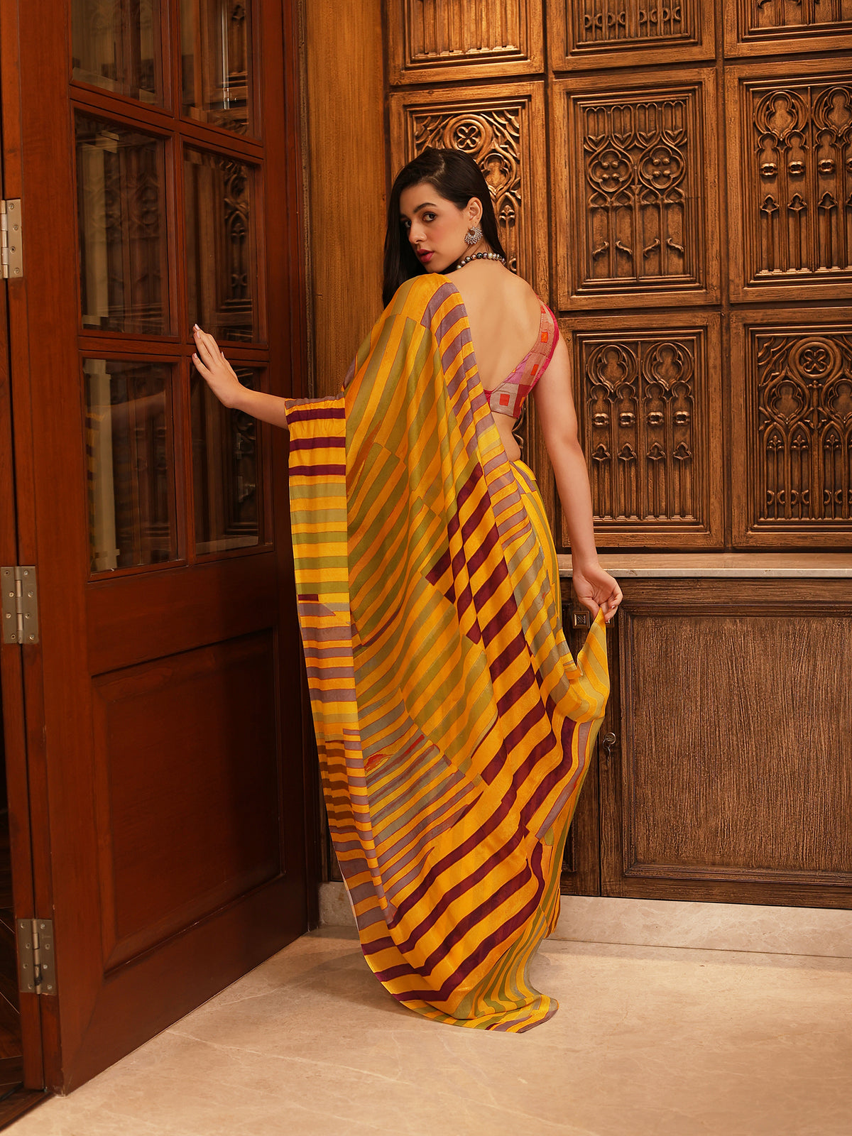 Tarangini Mustard Yellow Plum Diagonal Stripe Chinon Saree