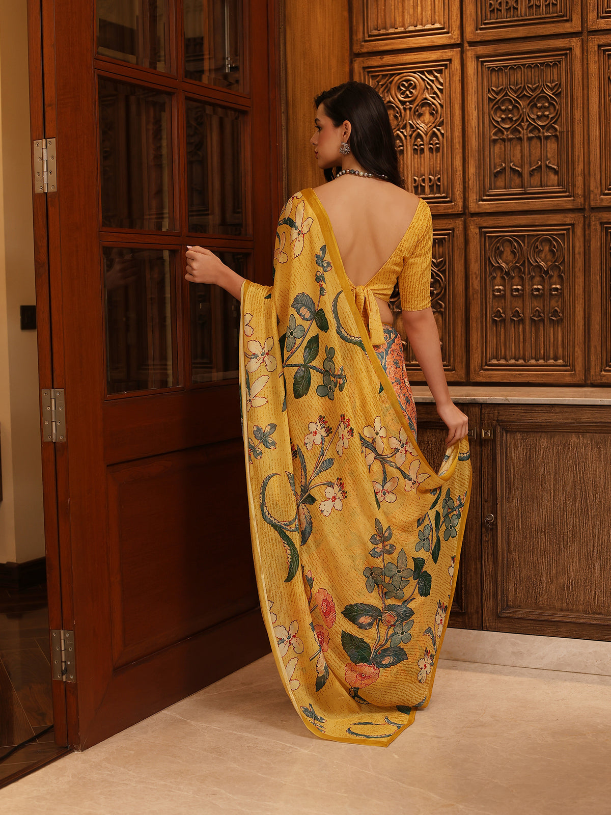 Gulbano Mustard Yellow Teal Botanical Floral Chinon Saree