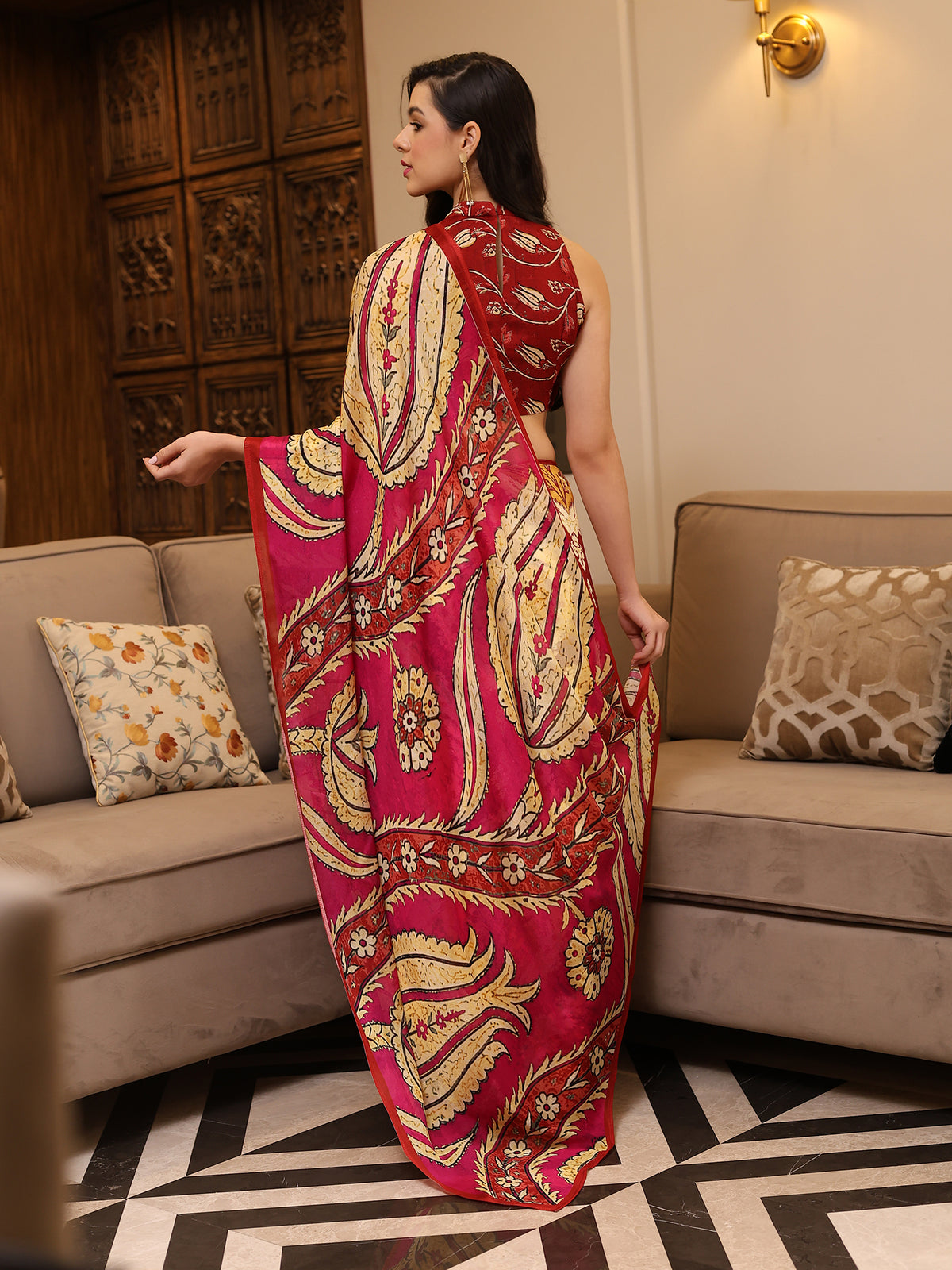Ruhani Ruby Red Mustard Ornamental Paisley Chinon Saree