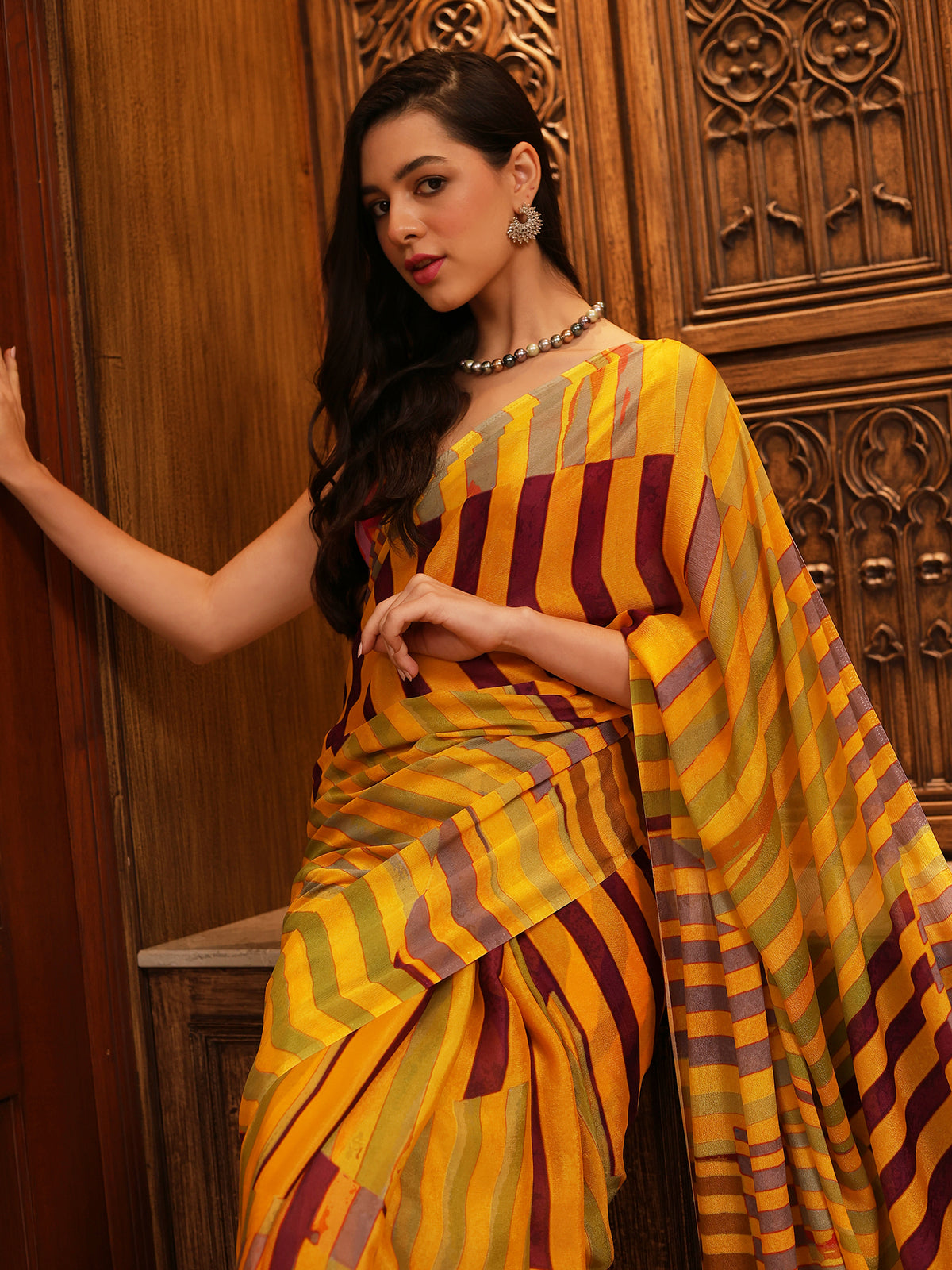 Tarangini Mustard Yellow Plum Diagonal Stripe Chinon Saree