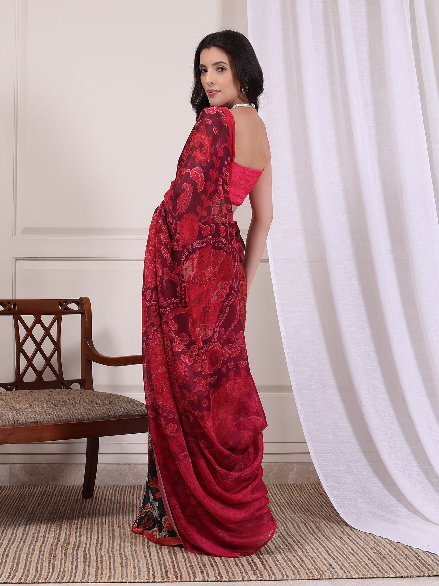 Meher Crimson Red and Black Ajrakh Floral Chinon Saree