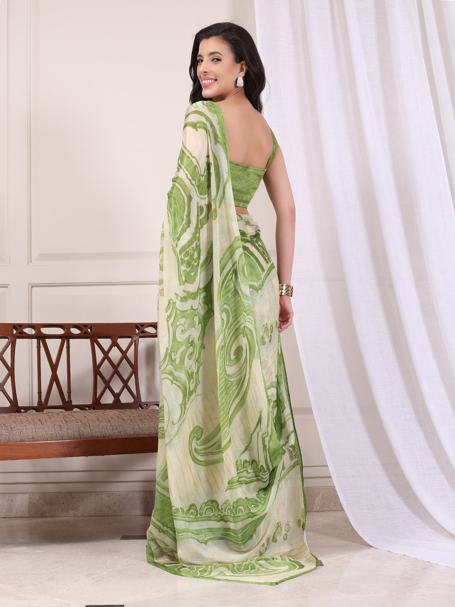 Amara Lime Green and Ivory Abstract Paisley Chinon Saree