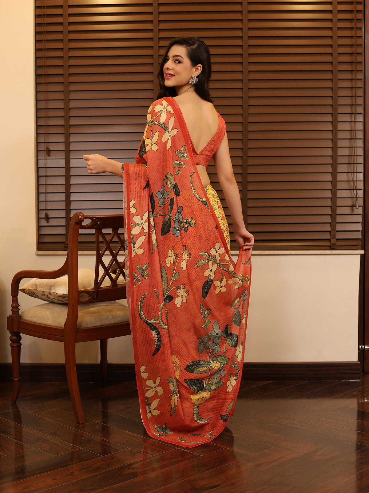 Gulbano Coral Orange Teal Botanical Floral Chinon Saree