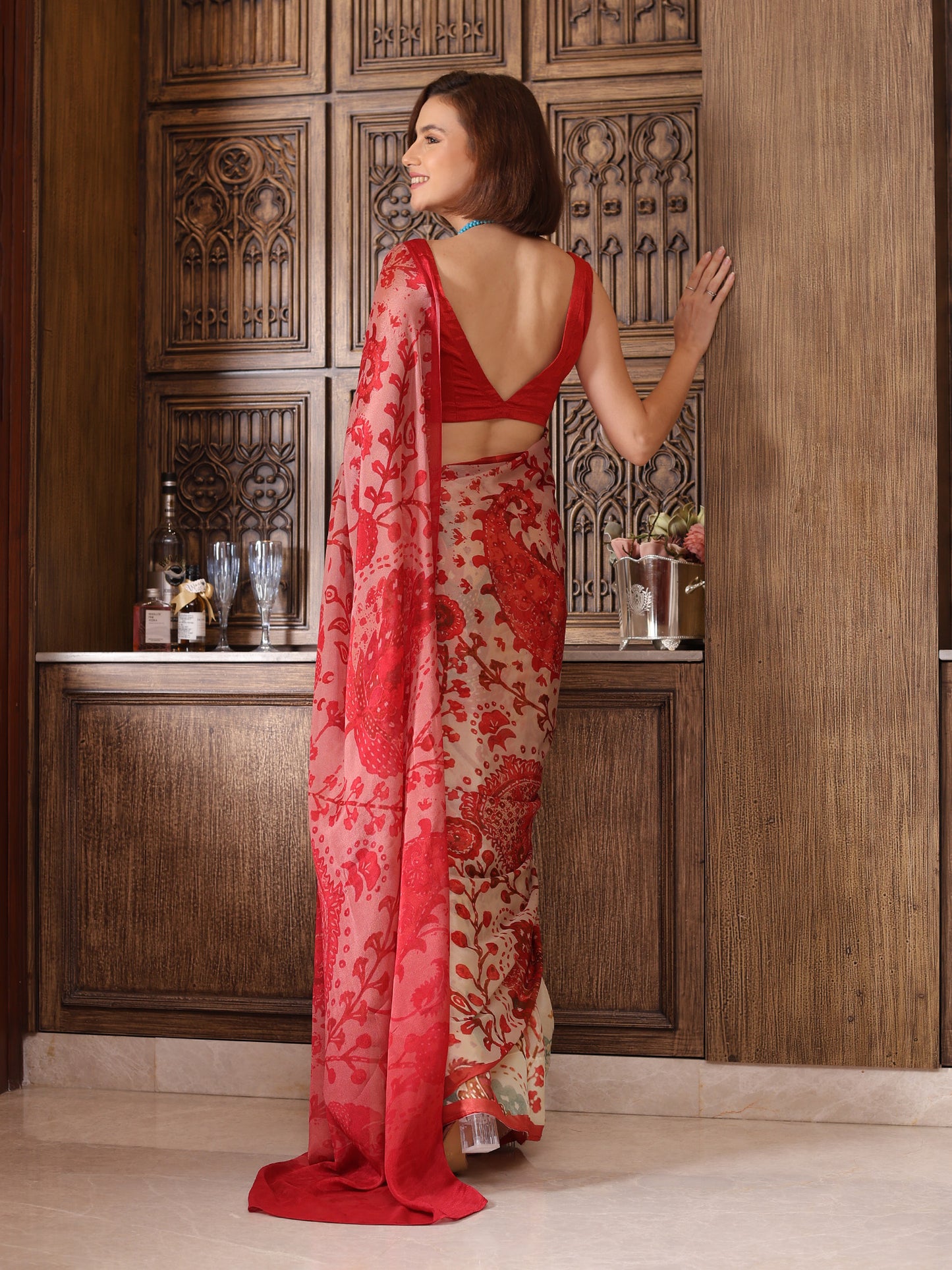 Meher Sindoor Red and white Ajrakh Floral Chinon Saree