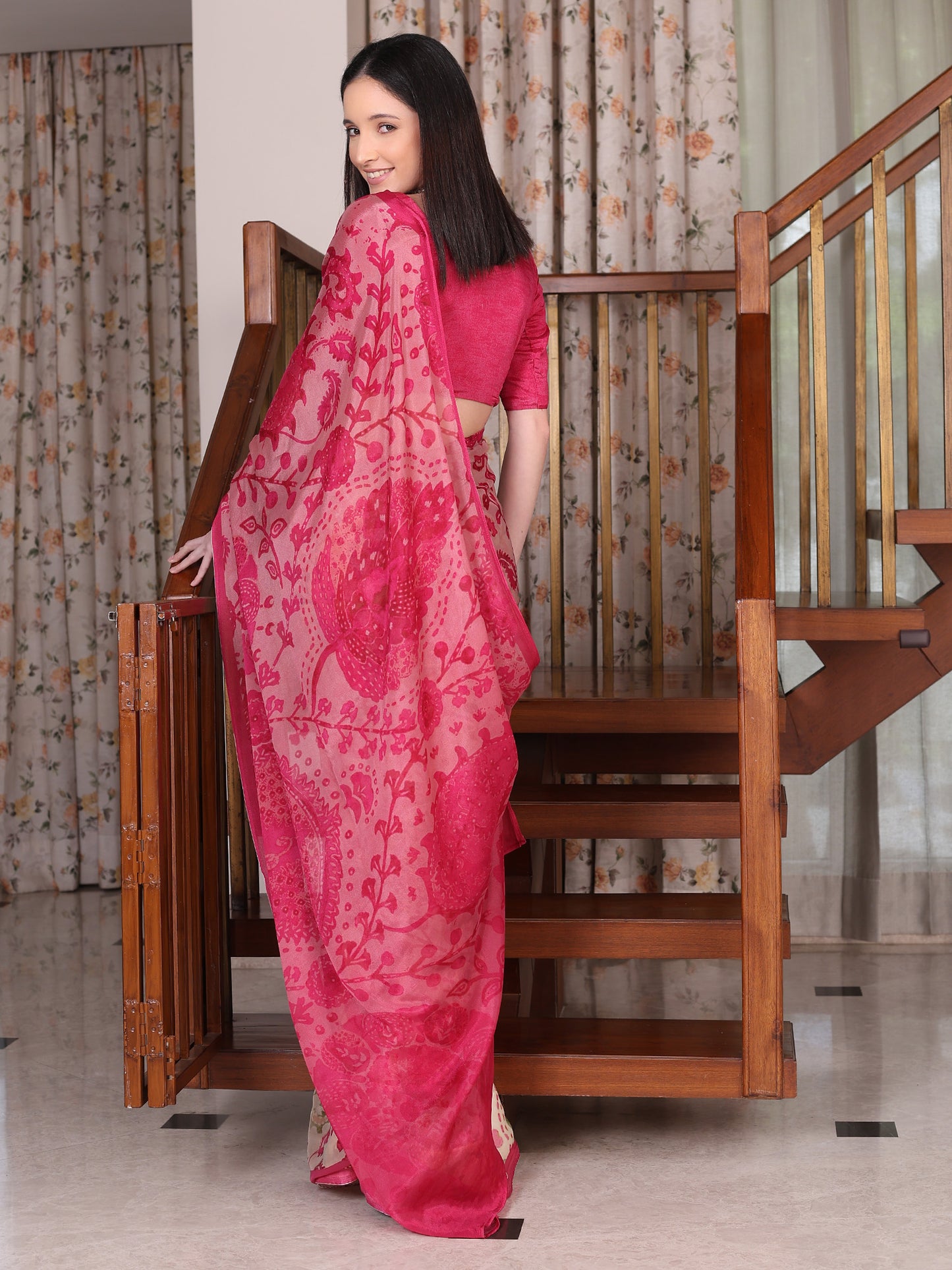 Meher Rani Pink and white Ajrakh Floral Chinon Saree