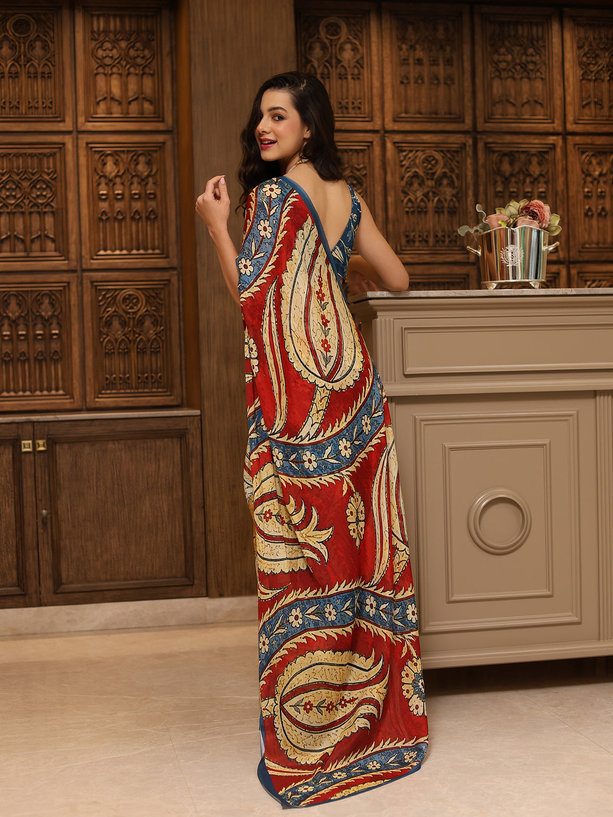 Ruhani Navy Blue Beige Rust Ornamental Paisley Chinon Saree
