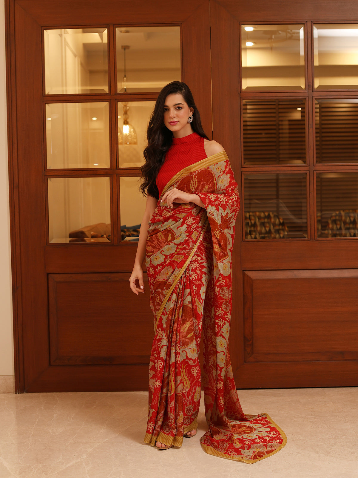 Mahek Crimson Red Gold Botanical Floral Chinon Saree