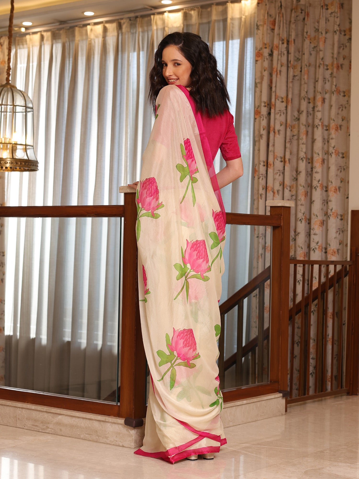 Soraya Off White and Pink Floral Chinon Saree