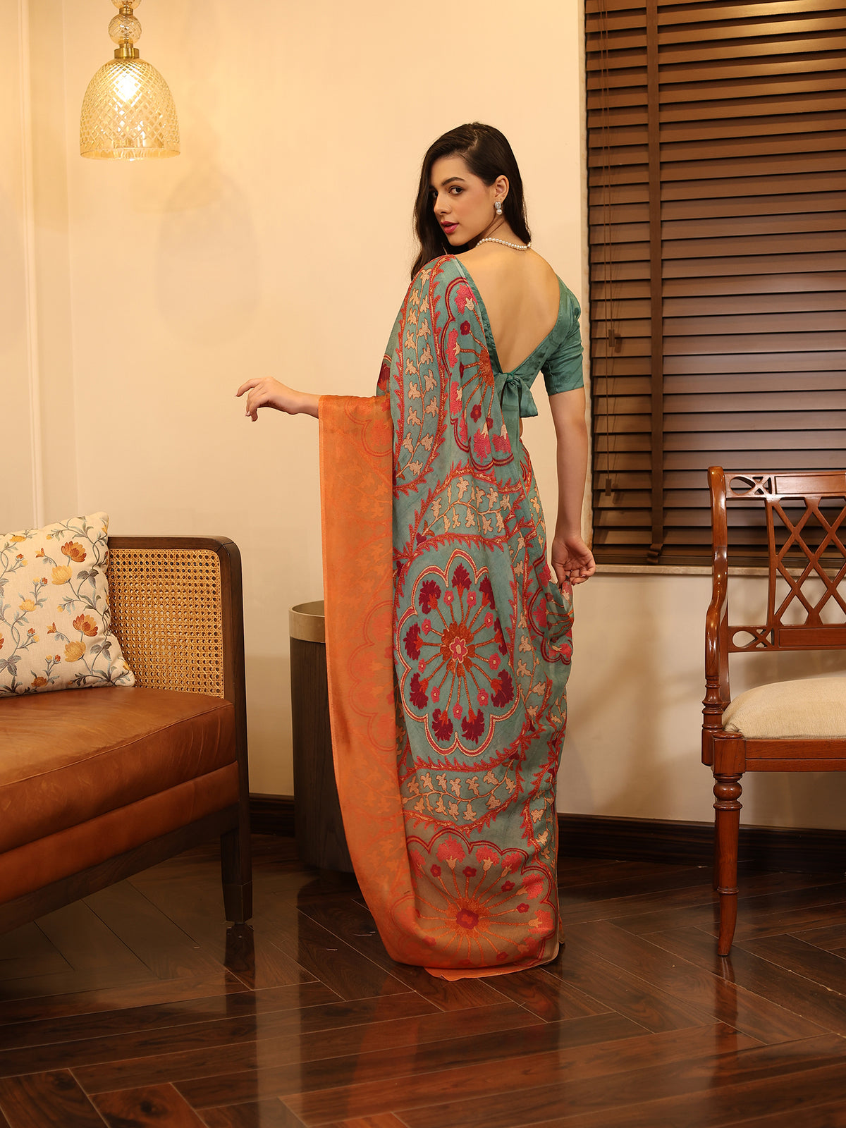 Suhani Sage Green Coral Botanical Floral Chinon Saree