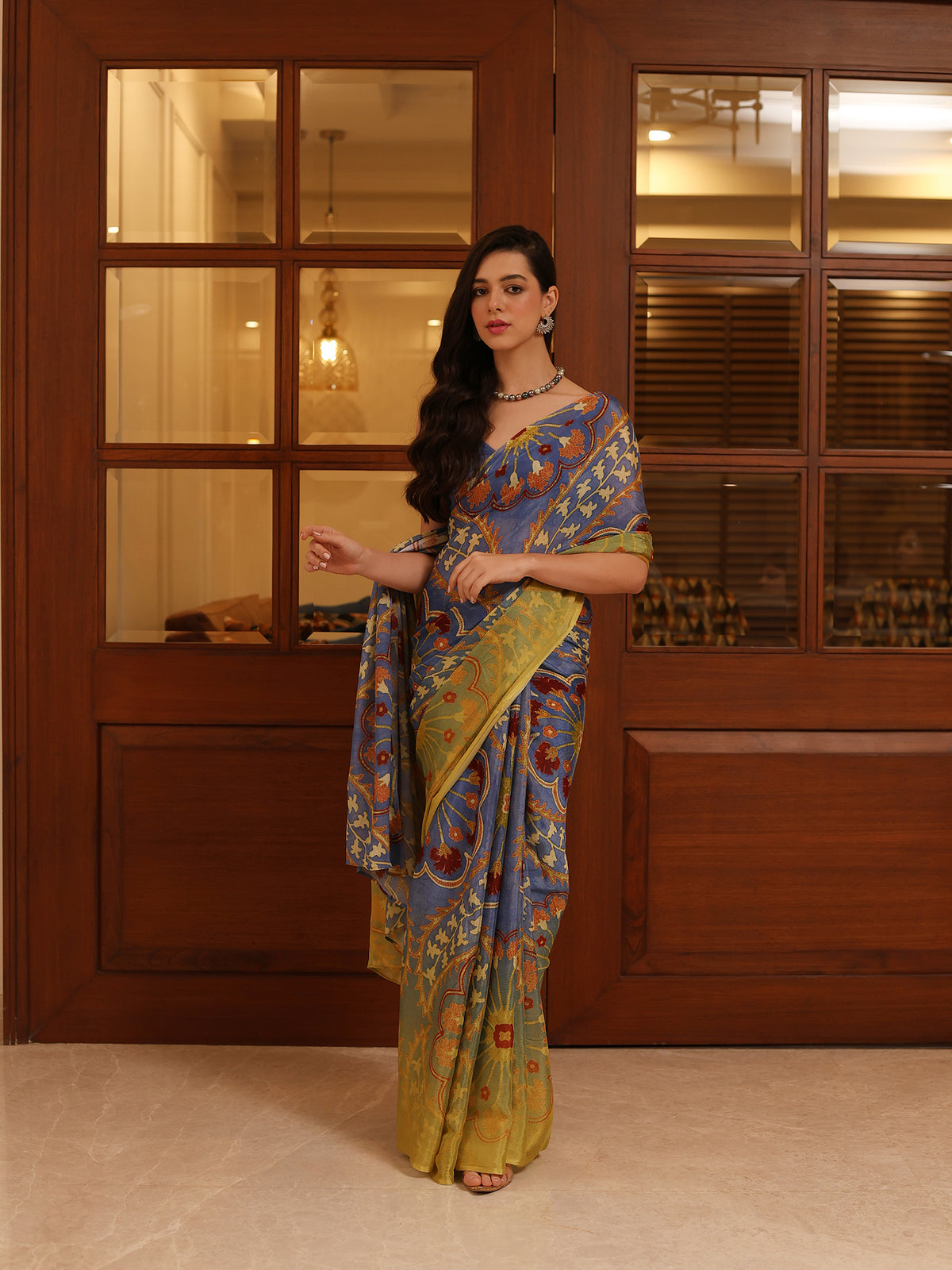 Suhani Slate Blue Rust Ornamental Paisley Chinon Saree