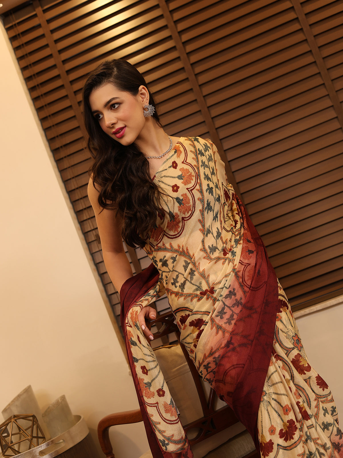 Suhani Beige Maroon Ornamental Paisley Chinon Saree