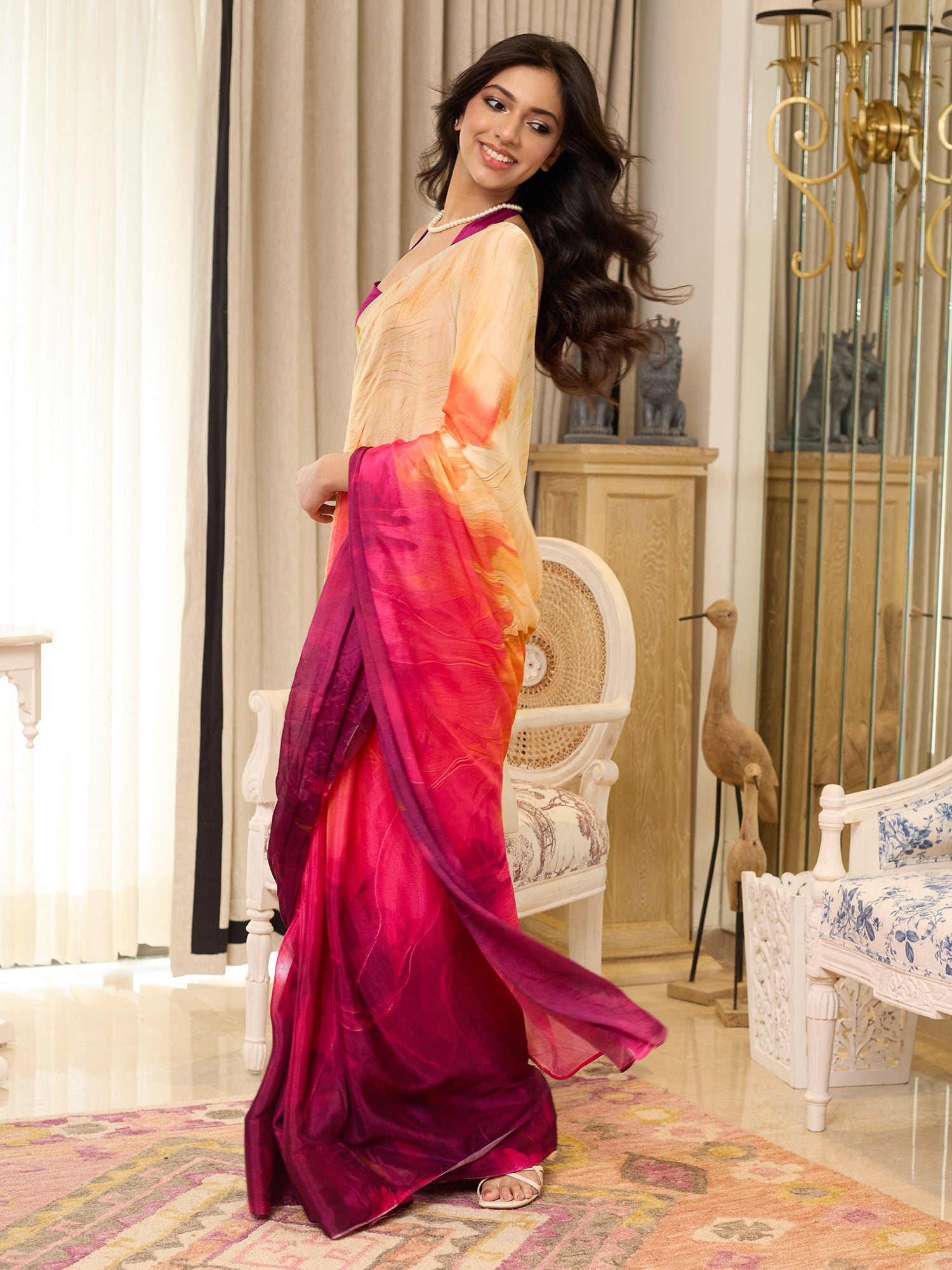Zeba Fuchsia Coral Sunset Ombre Saree