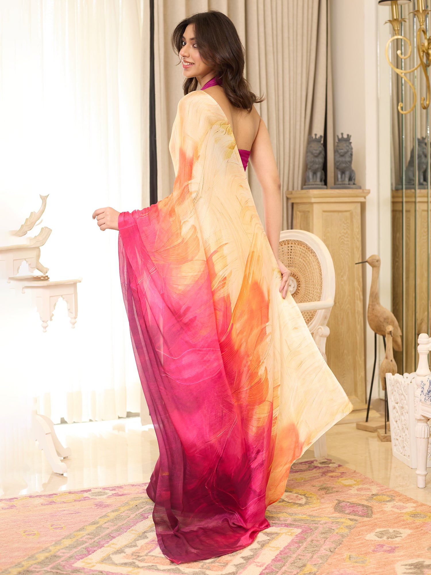 Zeba Fuchsia Coral Sunset Ombre Saree