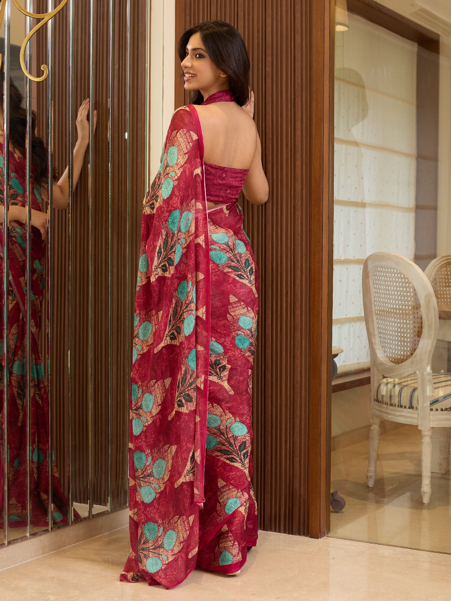 Adaa Raspberry Teal Tropical Floral Saree