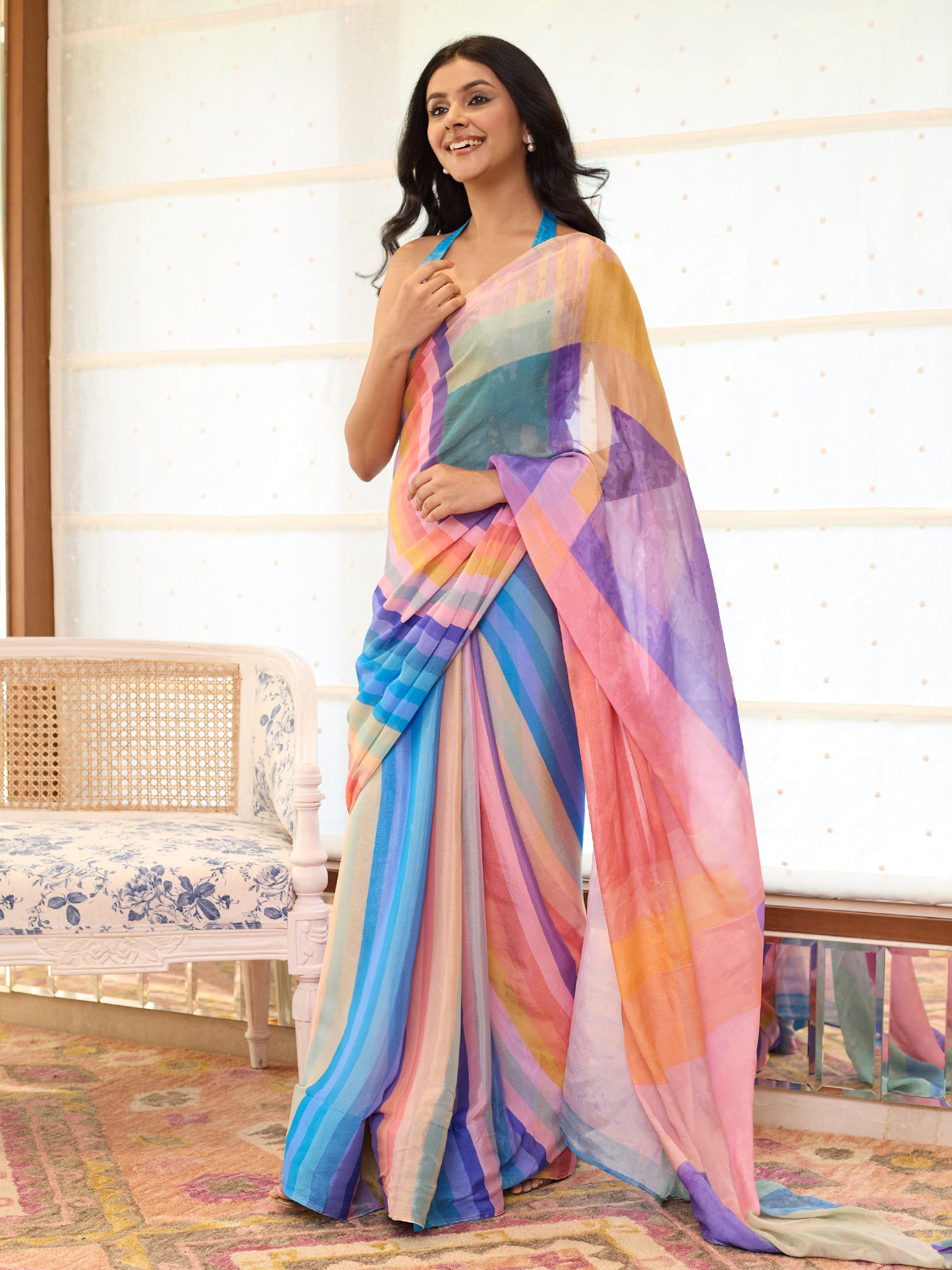 Naaz Turquoise Lilac Rainbow Stripe Saree