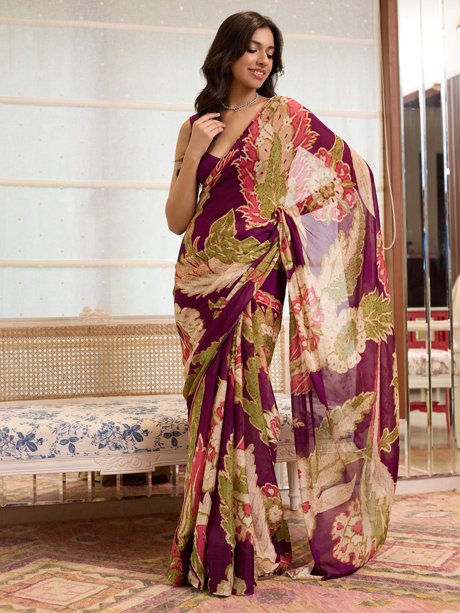 Aarzoo Magenta Olive Medallion Floral Saree