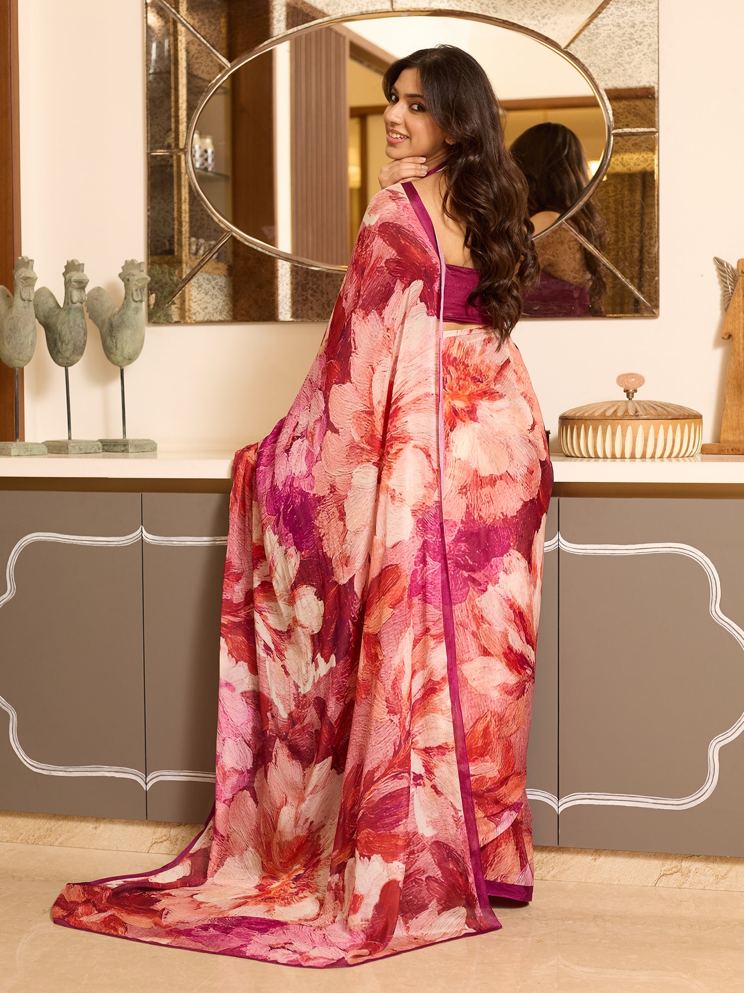 Pari Crimson Blush Watercolour Floral Saree