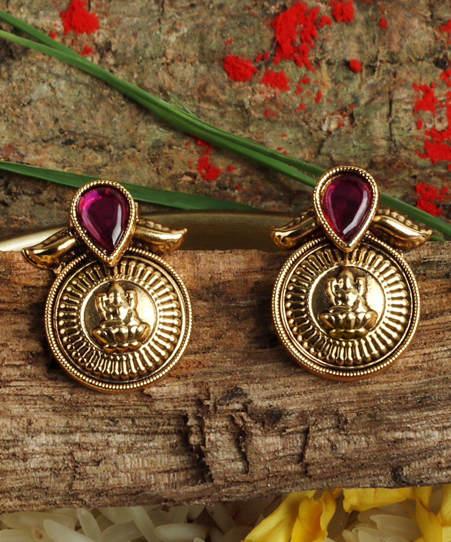 Antique Gold Lakshmi Stud Earrings with Ruby Detail