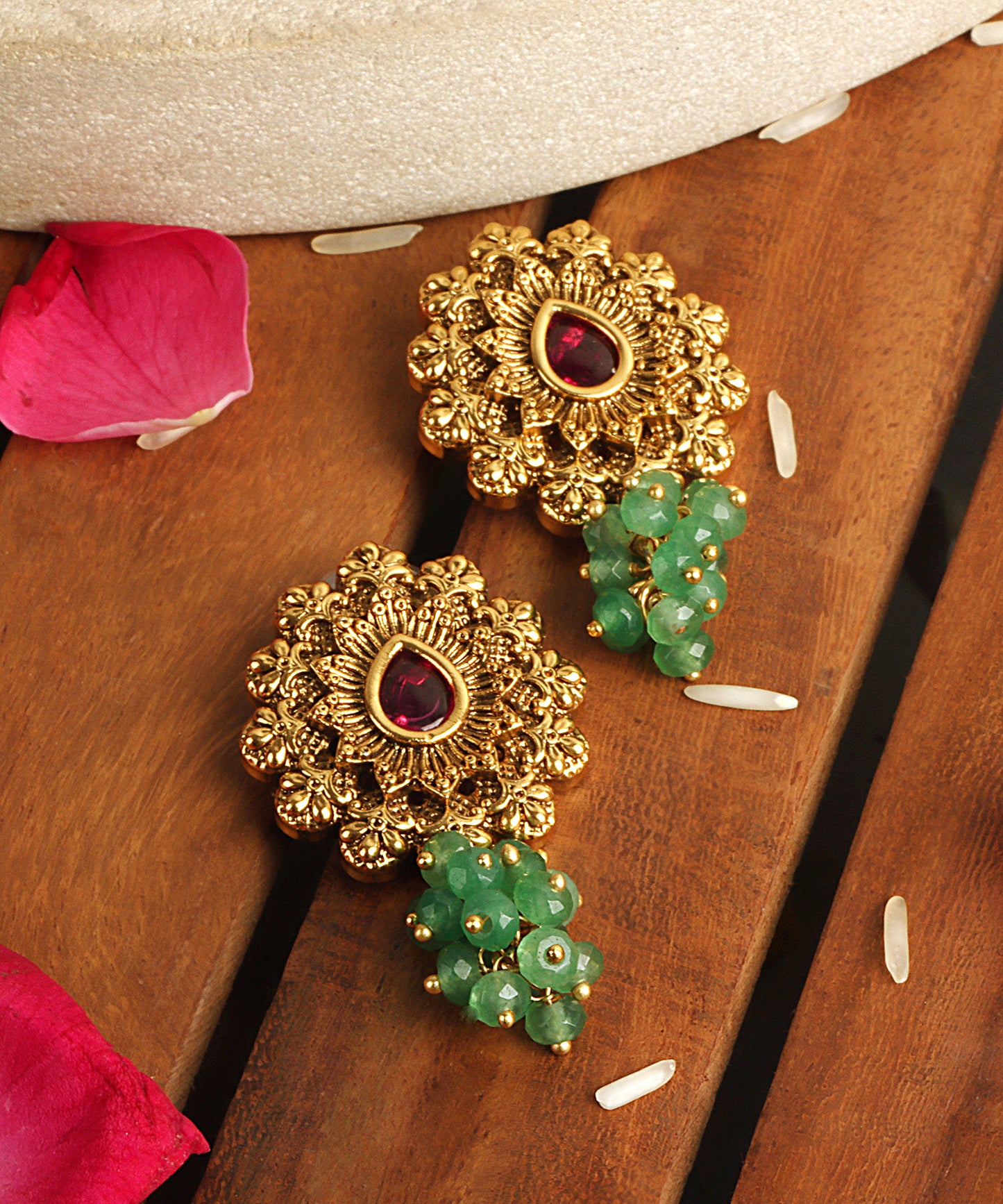 Antique Gold Stud Earrings with Ruby Stone & Emerald Hanging