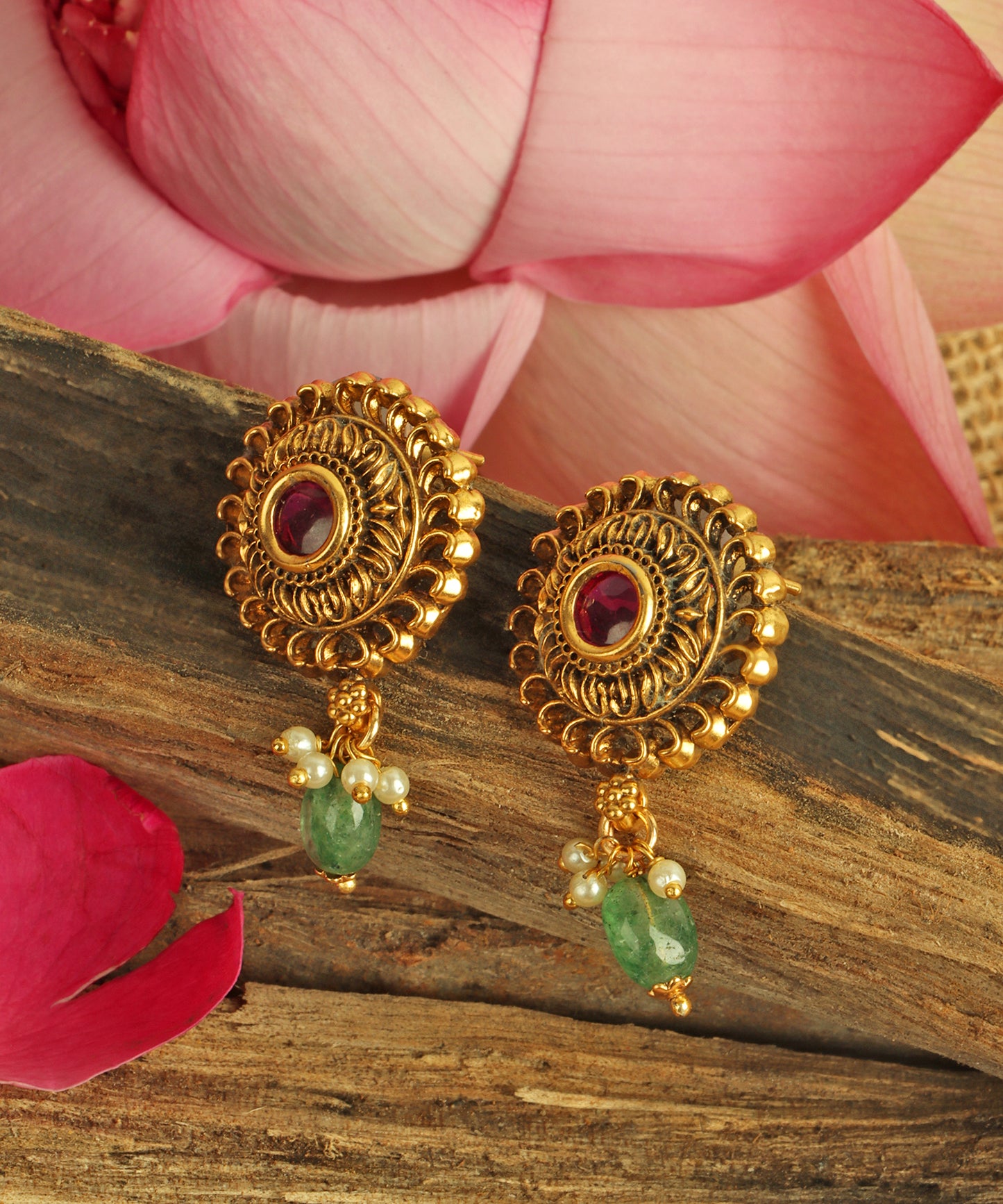 Antique Gold Filigree Earrings with Ruby & Emerald