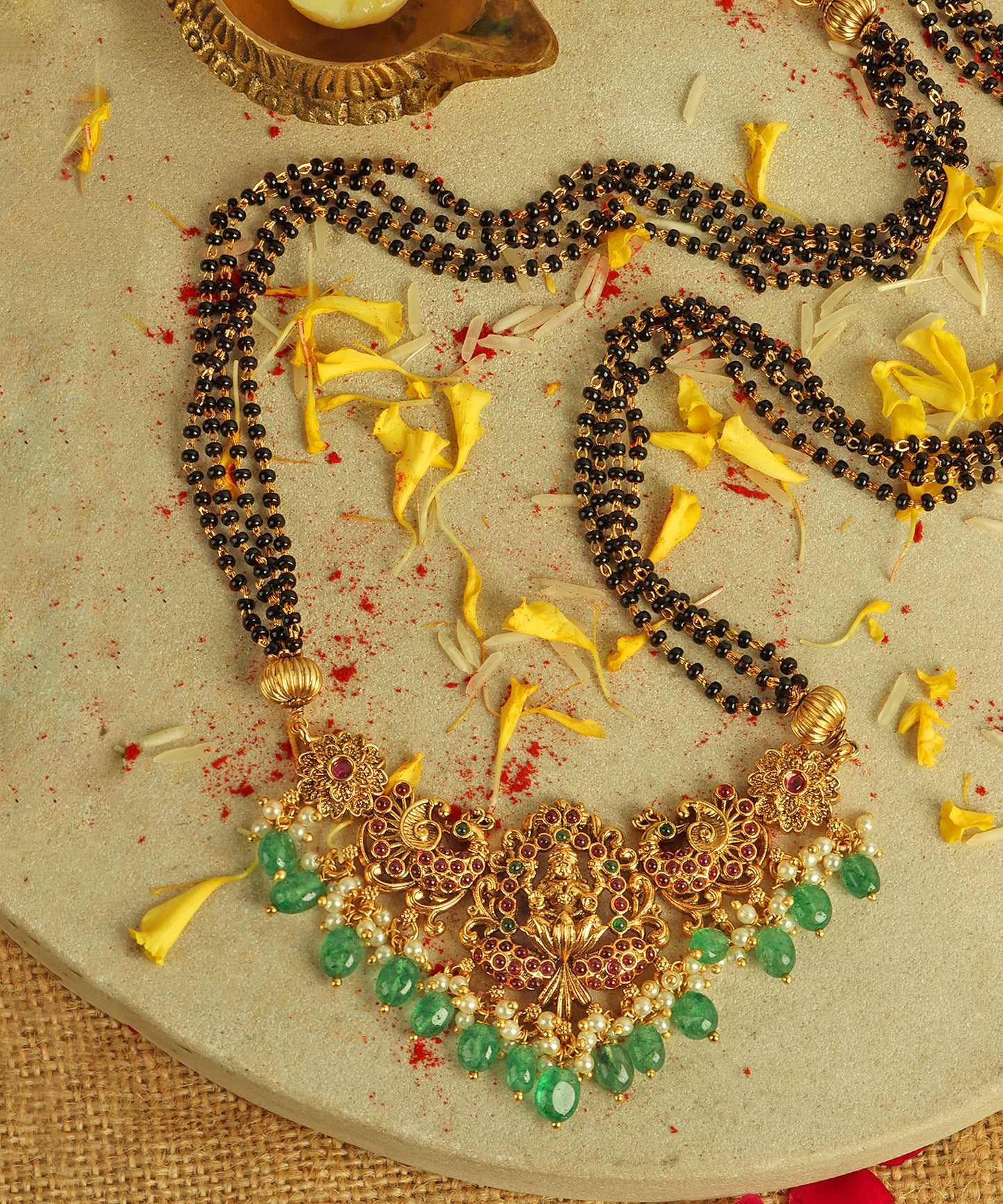 Mangal Sutra With Lakshmi Pendant And Emerald Danglers