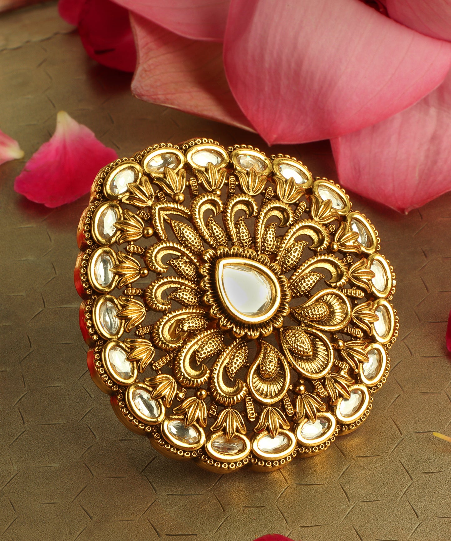 Kundan Temple Jewellery Ring With Antique Gold Finish (Adjustable Design)