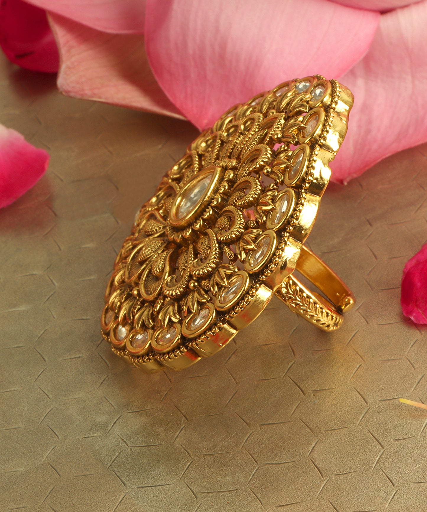 Kundan Temple Jewellery Ring With Antique Gold Finish (Adjustable Design)