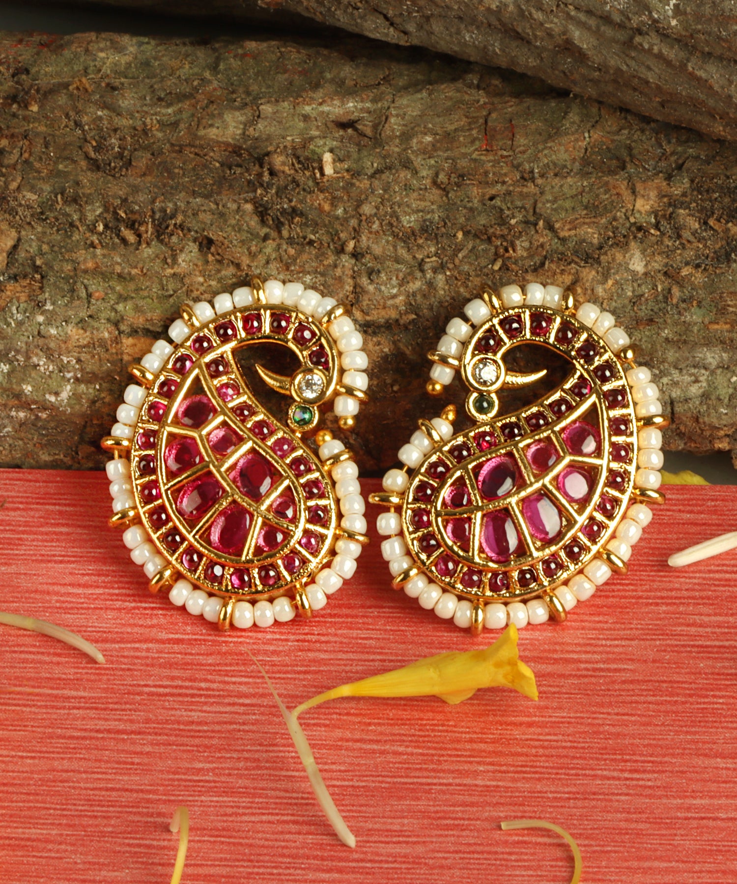 Rajwada Style Ruby Pearl Paisley Earrings