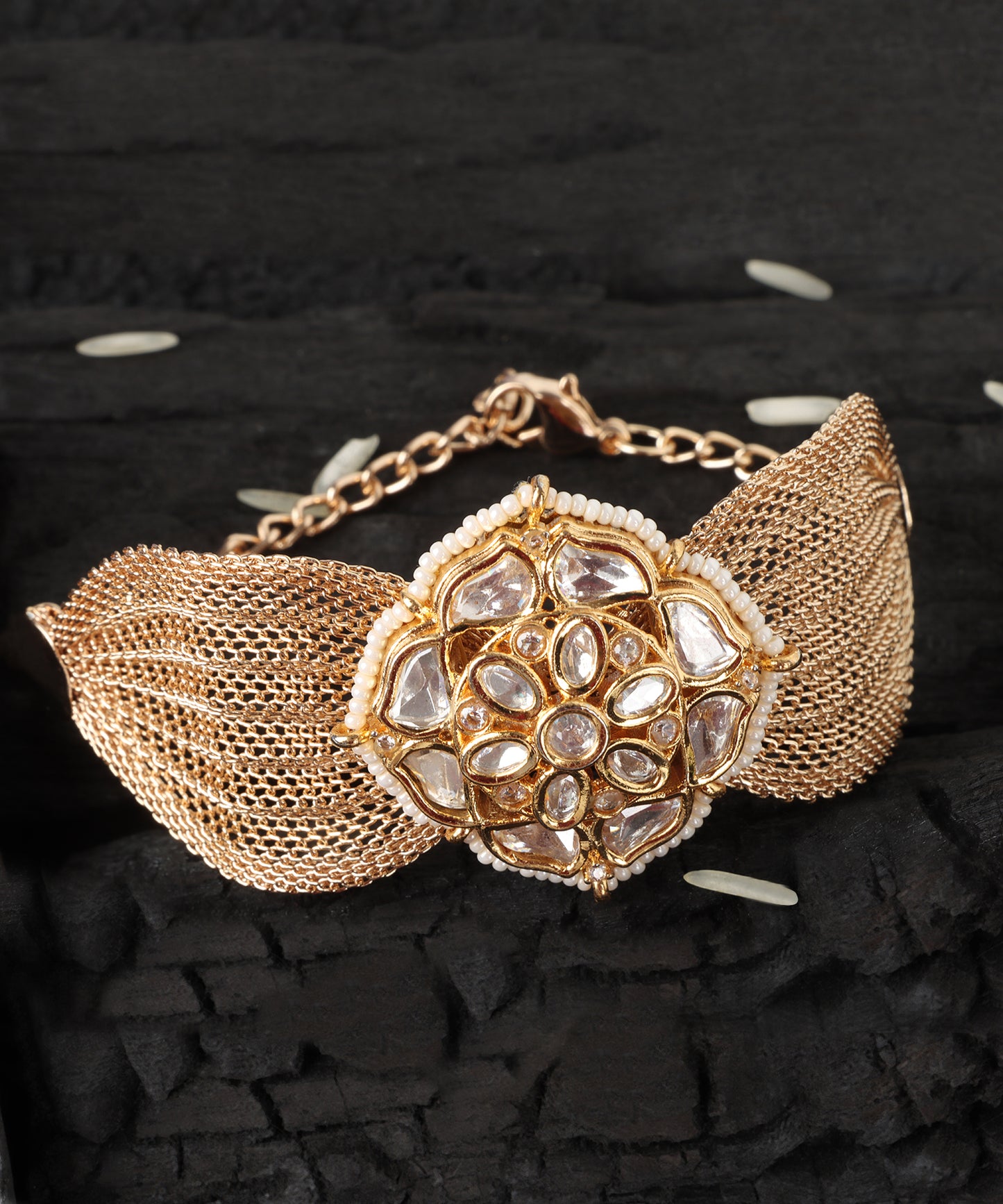 Gold Polki & Pearl Floral Mesh Bracelet