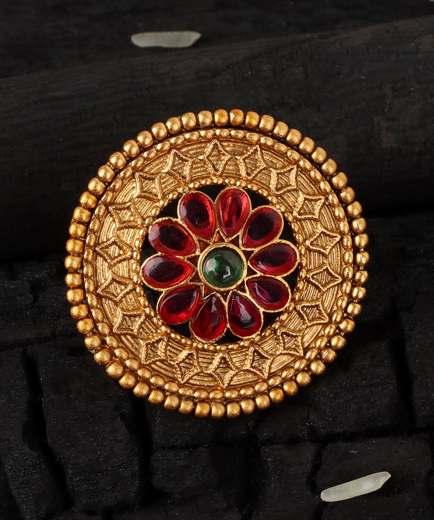 Royal Round Gold Stud with Ruby & Emerald Stonework