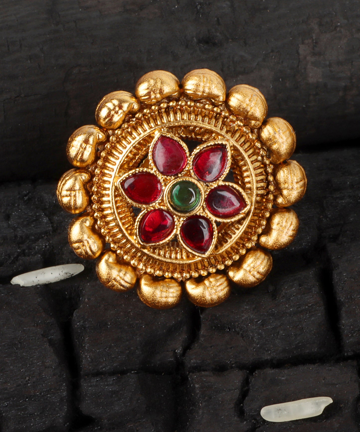 Floral Round Gold Studs with Ruby & Emerald