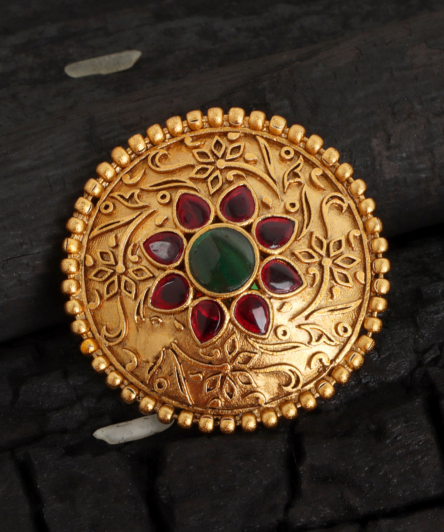 Round Gold Stud Earrings with Emerald & Ruby Floral Motif