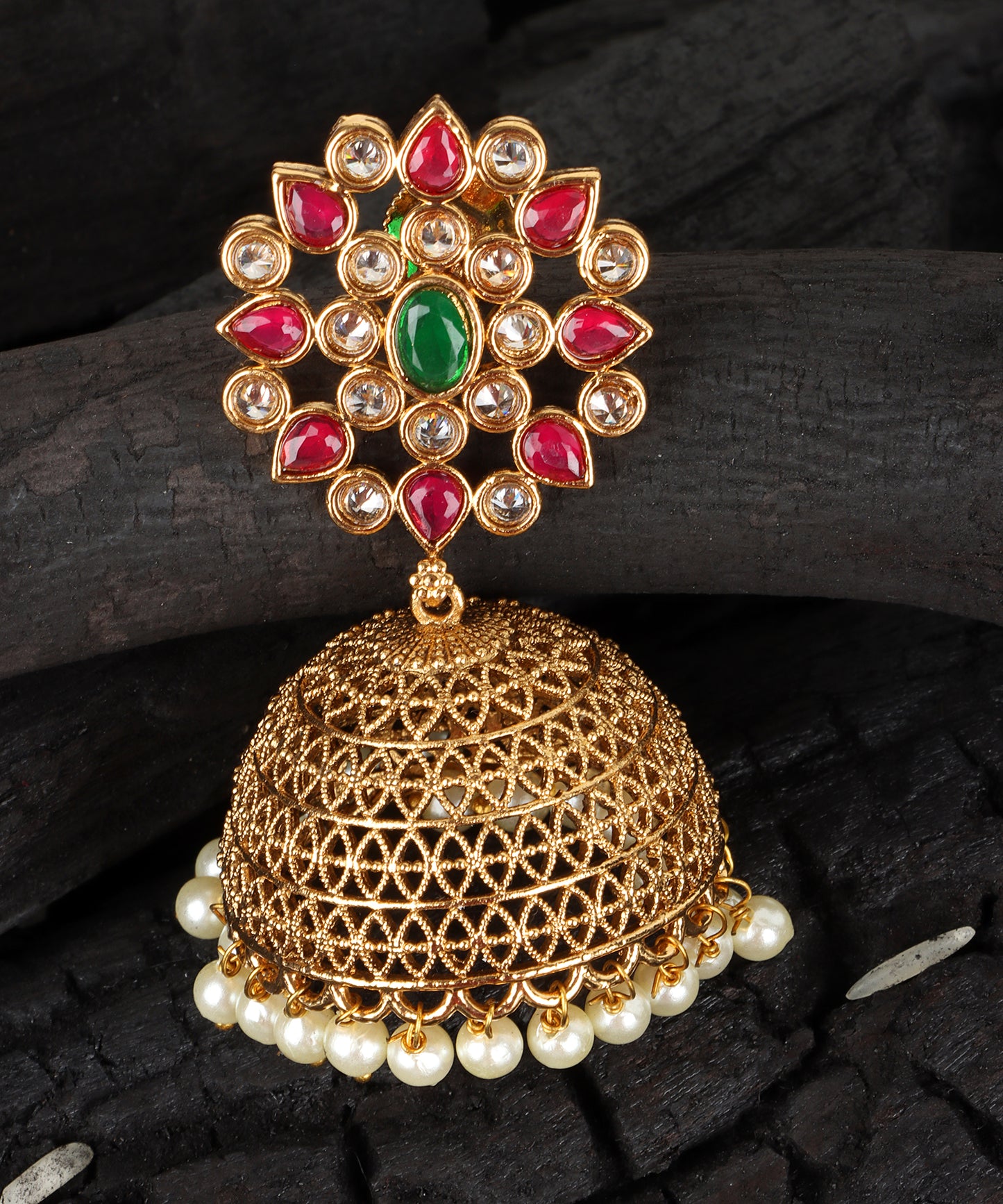 Floral Jhumka Earrings in Gold with Pearls, Rubies & Emerald