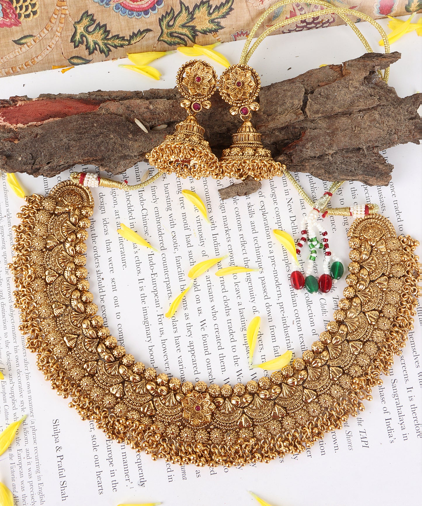 Traditional Gold Choker Necklace with Matching Jhumka Earrings – Floral Motif